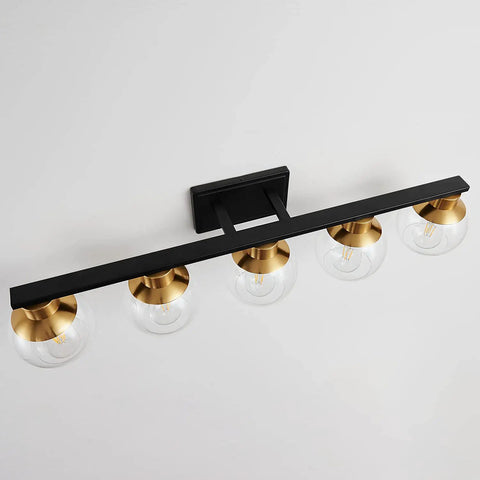 Black Gold 5 Light Vanity Light Fixture with Globe Glass Shades Over Mirror Wall Sconce E26 Base Mid Century Modern Design
