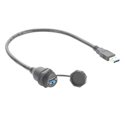 Rugged IP67 USB 3.0 A Male To Female Bulkhead Panel Mount Extension Cable 0.3M Waterproof Cap 5Gbps Data Transfer