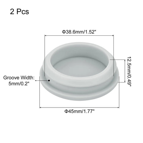 Two Piece Heavy Hitter Silicone Snap In Locking Hole Plugs 1.5 Inch Mounting Diameter, grey silicone plugs with measurements.