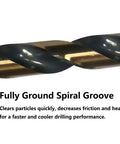 Close-up of Heavy Duty Setup 6 Piece One Half Inch Black Gold High Speed Twist Drill Bit Set showing fully ground spiral groove detail.