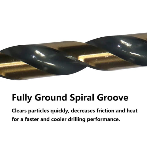 Close-up of Heavy Duty Setup 6 Piece One Half Inch Black Gold High Speed Twist Drill Bit Set showing fully ground spiral groove detail.