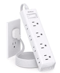 Ultra Slim Flat Plug Power Strip With Twelve Outlets And Three Sided Access Smooth Operator Five Foot Extension Cord plugged in, side view.