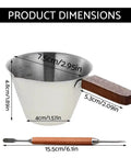 Stainless Steel 100ml Espresso Cup With Wooden Handle Wide Mouth Pour Spout V Shaped Nozzle Includes Latte Needle Great For Americano Cappuccino Latte Espresso Shots And Top Notch Measuring Cup Scale dimensions shown.