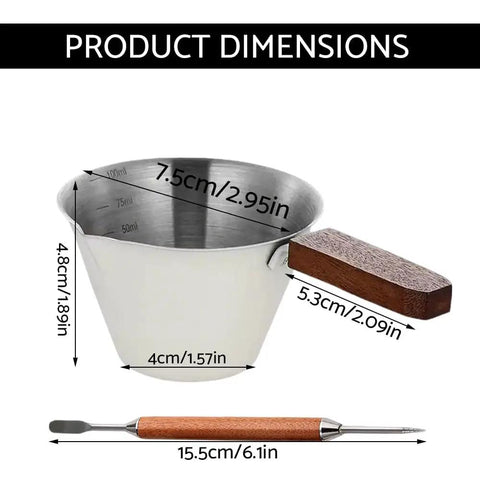 Stainless Steel 100ml Espresso Cup With Wooden Handle Wide Mouth Pour Spout V Shaped Nozzle Includes Latte Needle Great For Americano Cappuccino Latte Espresso Shots And Top Notch Measuring Cup Scale dimensions shown.