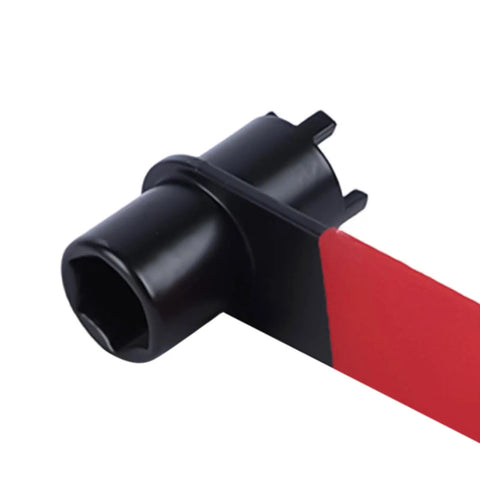 Close-up of Double Head Four Claw Spanner For Angle Grinder Quick Disc Change showing hex socket and red handle grip.