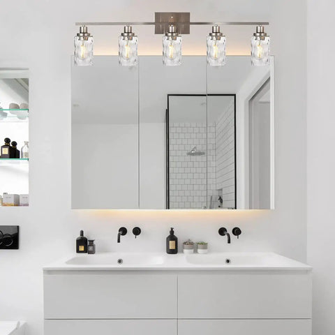 5 Light Brushed Nickel Vanity Light Fixtures With Hammered Glass Shades For Modern Bathrooms Hallways And Living Spaces Stylish Wall Lights For Bedroom And Entry Bold Industrial Look