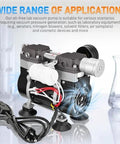 Front view of a 50 L/min oil-free lab vacuum pump with three ports, switch, gauge, hoses, and rubber feet.