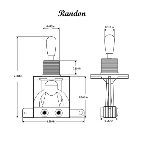 3 Way Short Straight Guitar Toggle Switch Pickup Selector With Replaceable Tip Cap Knobs, 12mm Shaft By 9mm Tall, Compact Yet Durable, Easy To Install On Control Plates, Perfect For Gibson Les Paul Electric Guitars And Other Axes. dimension drawing, silver metal body, 2D front and side view