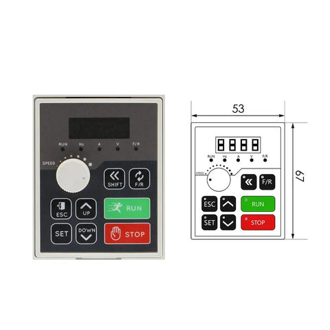 Close-up of control panel for 5.5KW 220V H100 Inverter 1000Hz 1/3PH Input Variable Frequency Drive with buttons and dimensions.