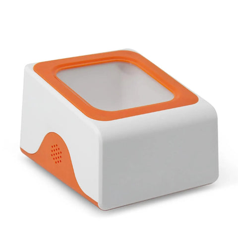 Desktop Barcode Scanner With Big Window And CMOS Sensor For Quick Auto Scan, QR Code Reader, orange and white design