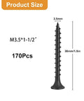 Image of a black coarse-thread drywall screw with Phillips drive, size 3.5mm x 38mm/1.5 inch, from 170-piece set.