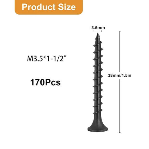 Image of a black coarse-thread drywall screw with Phillips drive, size 3.5mm x 38mm/1.5 inch, from 170-piece set.