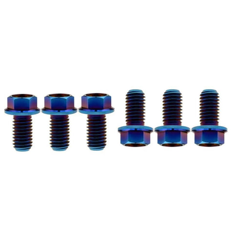 Titanium M8x15 Hex Flange Bolts 1.25 Pitch Burned Blue Set Of 6 for mountain bikes, road bikes, and motorcycles, front view.