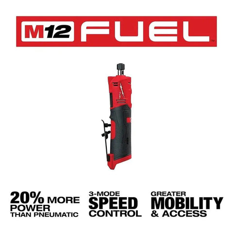 Pro Grade M12 Fuel One Quarter Inch Cordless Straight Die Grinder Bare Tool with three mode RPM switch for metalwork.