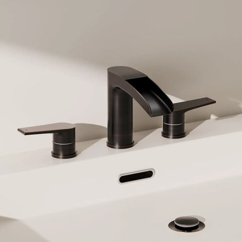 Oil Rubbed Bronze Waterfall Bathroom Faucet Dope All Metal Build 8 Inch Widespread 3 Hole Modern Design With Pop Up Drain