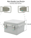 Junction Box Weatherproof Outdoor Enclosure IP67 ABS Plastic Dustproof Waterproof With Hinged Grey Clear Cover And Stainless Steel Buckles Rugged 17.7 By 13.8 By 7.9 Inch Project Box For Electrical Gear