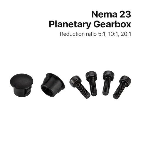 Heavy Duty Nema 23 Planetary Gearbox Speed Reducer For Stepper Motors With A 8Mm Input Shaft And Badass Torque Boost In Five To One Ratios Flat No Setup Hassle, includes mounting screws and caps.
