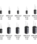 Electrolytic Capacitor Kit 158 Piece Set, 400V, 10 Values From 1uF To 100uF, Aluminum Case, capacitor sizes displayed