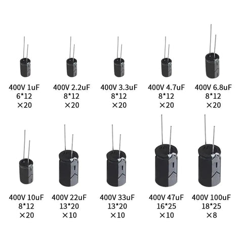 Electrolytic Capacitor Kit 158 Piece Set, 400V, 10 Values From 1uF To 100uF, Aluminum Case, capacitor sizes displayed