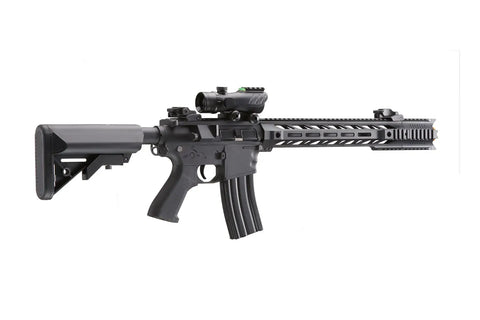 Gen 2 M4 SPR Interceptor Polymer Airsoft AEG With Enclosed Red Dot Sight and Top Optic Rail, side view, metal gears detail