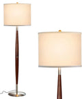Lucas LED Floor Lamp With Drum Shade And Warm Wood Finish for Living Rooms and Offices shown in upright position.