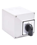 3 Position Latching Changeover Selector Switch Box 63A 440V, front view with rotary dial marked 0-1-2.