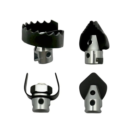 4 drain snake cable head attachments in various sizes for the Professional Grade 10 Piece Heavy Duty Drain Snake Drill Attachment And Auger Tool Kit.