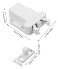 8 Pack No Fuss Self Closing Cabinet Latches with Push Button Door Opener, Automatic Rebound Closers, dimensions labeled