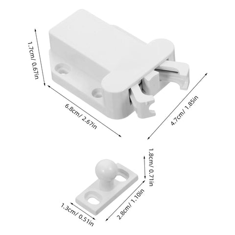 8 Pack No Fuss Self Closing Cabinet Latches with Push Button Door Opener, Automatic Rebound Closers, dimensions labeled
