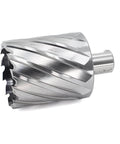 Front view of 2-1/8 in annular cutter with 3/4 in Weldon shank, 2 in depth of cut, silver metal