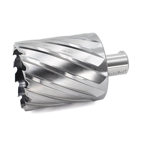 Front view of 2-1/8 in annular cutter with 3/4 in Weldon shank, 2 in depth of cut, silver metal