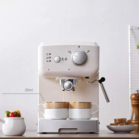 Front view of Semi Automatic Espresso Coffee Machine With Built In Milk Frother For Home Use, 1050W, beige, making coffee.