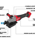 Milwaukee M18 FUEL 1-1/4 Inch Brushless Cordless Rebar Cutter With RapidStop Brake features labeled for easy use and adjustments.