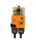 Dead On Accuracy Lm24Ax-S Damper Actuator for HVAC Systems featuring plug and play setup, orange housing, and electrical connectors.