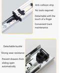Heavy Duty Ball Bearing Drawer Slides 14 Inch Full Extension showing anti-collision strip and detachable buckle details.