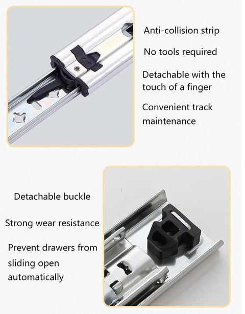 Close-up of Heavy Duty Full Extension Ball Bearing Drawer Slides with anti-collision strip and detachable buckle for easy maintenance.