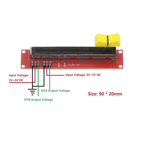 Five Pack 10K Slide Potentiometer Modules For Arduino And Microcontroller Projects With Dual Analog Output 0 To Vcc 3.3V To 5V Operation Compact 90 By 20 Mm front view with yellow knob and connection pins.