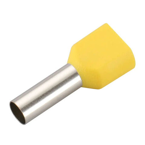Close-up of a yellow twin-wire ferrule from the 100 Pack 10 AWG Twin Wire Ferrules Red TE6014 Dual Wire Crimp Connectors set