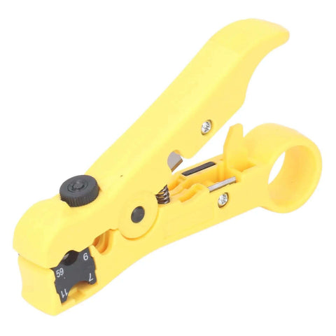 Yellow crimp and strip tool from Pro Grade Coaxial Cable Crimp And Strip Kit With 10 RG6 F Connectors And Adjustable F Head