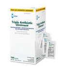 Globe Triple Antibiotic Ointment box, front view, with 144 packets; white carton with blue and green labeling