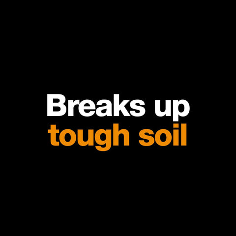 Graphic text saying 'Breaks up tough soil' for Steel Garden Knife Multi Purpose Weeding And Digging Tool For Planting Cultivation Root Removal With Hanging Hole And Rust Resistant Steel Head For No Fuss Easy Garden Work.