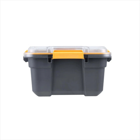Heavy Duty IP68 Waterproof Plastic Storage Tote Featuring Tough As Nails Gasket Seal And Secure Latches Rugged Gray Bin side view with lid
