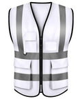 White High Visibility Safety Vest With Five Handy Pockets And Hella Bright Two Inch Reflective Strips Ultra Light Breathable Build Designed For Crew Leaders And Daily Site Rounds Large front view on white background.