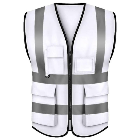 White High Visibility Safety Vest With Five Handy Pockets And Hella Bright Two Inch Reflective Strips Ultra Light Breathable Build Designed For Crew Leaders And Daily Site Rounds Large front view on white background.