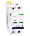 Compact DC Circuit Breaker Miniature MCB Two Pole Four Amp Electrical Protector For Solar Panels And RV Wiring shown from side angle.