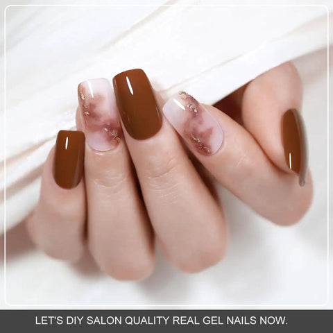 Semi Cured Gel Nail Strips In Brick Red Marble Fall Brown 20 Pack Nail Wraps For Easy DIY Manicures UV Light Required on nails