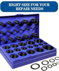 Front view of 407-piece nitrile O-ring assortment kit in blue plastic case with SAE sizes for automotive and plumbing