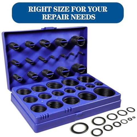 Front view of 407-piece nitrile O-ring assortment kit in blue plastic case with SAE sizes for automotive and plumbing