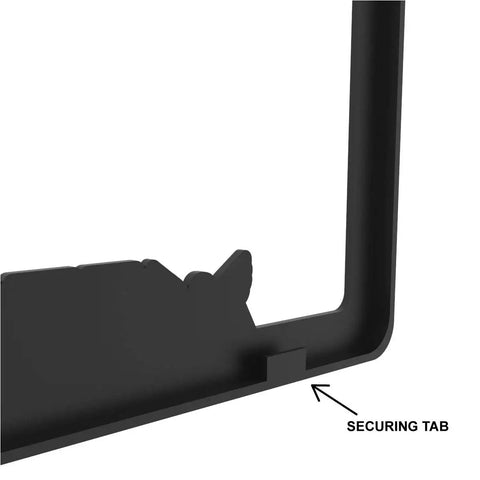 Close-up of securing tab on Patriotic Navy License Plate Frame Weatherproof ABS Plastic With Universal Fit For Most Cars SUVs Trucks