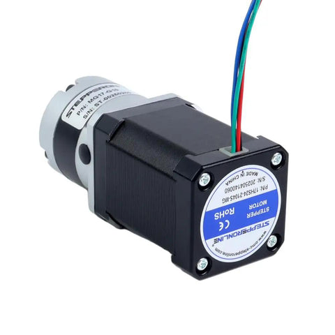 High Torque Nema 17 Stepper Motor With Planetary Gearbox Ten To One Ratio And Built In Shaft Coupling, front view